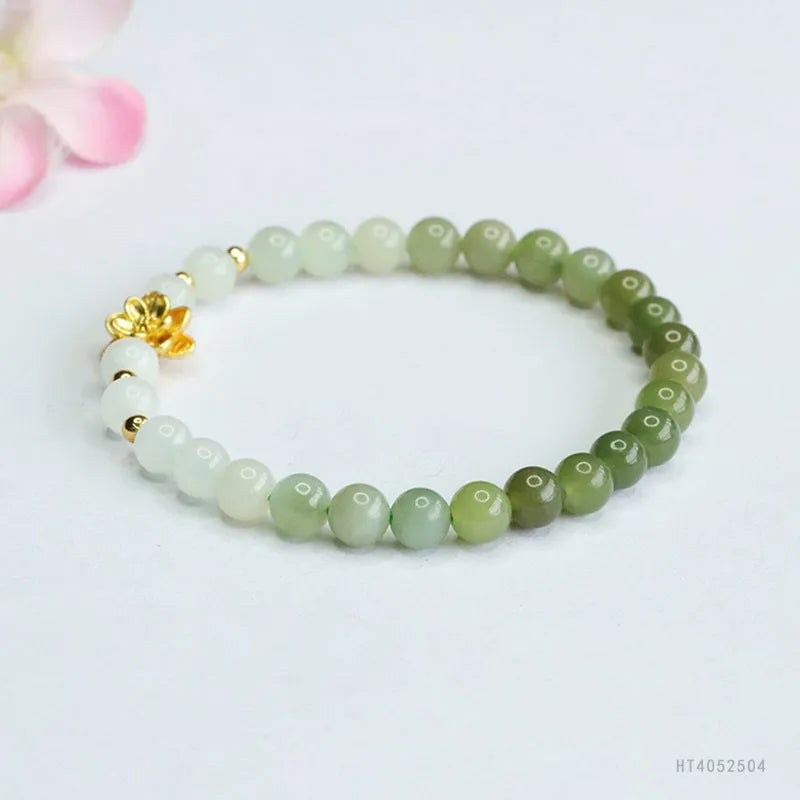 Hand-woven water gradient Hetian jade bracelet with 6mm flower beads in ancient national style