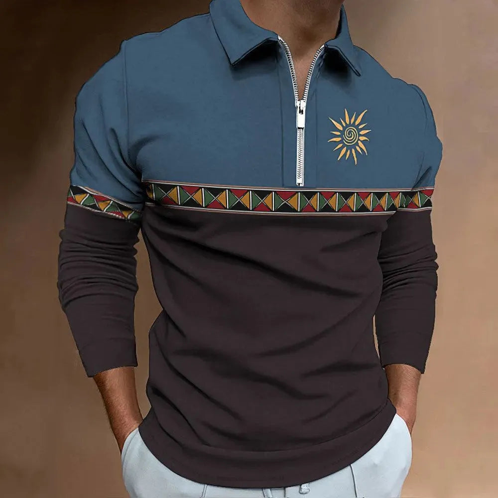 Men's retro colour print long sleeve t-shirt with zipper decorations in loose fit