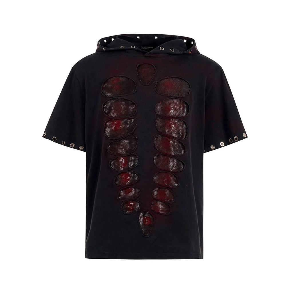 Black men's hooded short-sleeve T-shirt with sequin detailing, loose fit