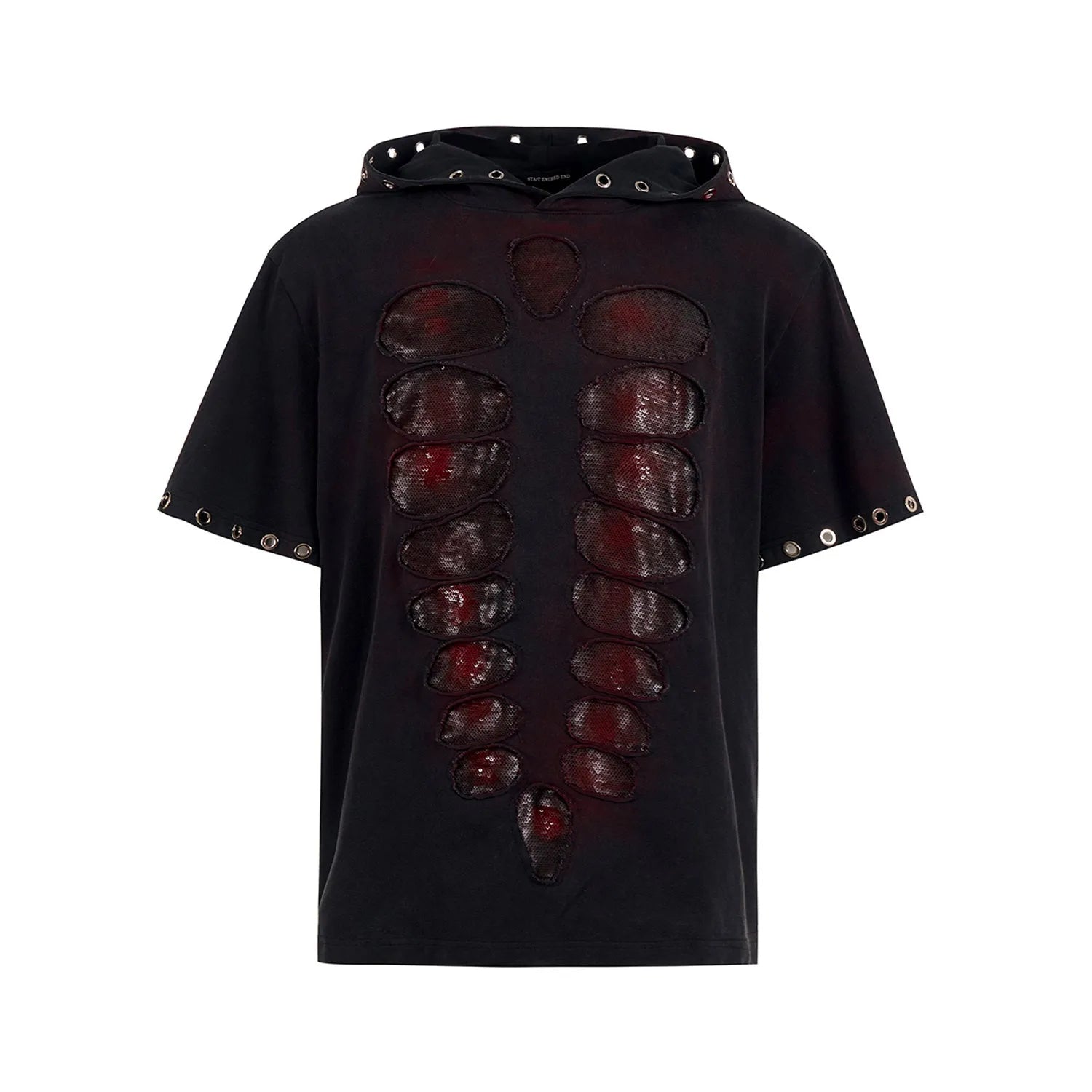 Black men's hooded short-sleeve T-shirt with sequin detailing, loose fit