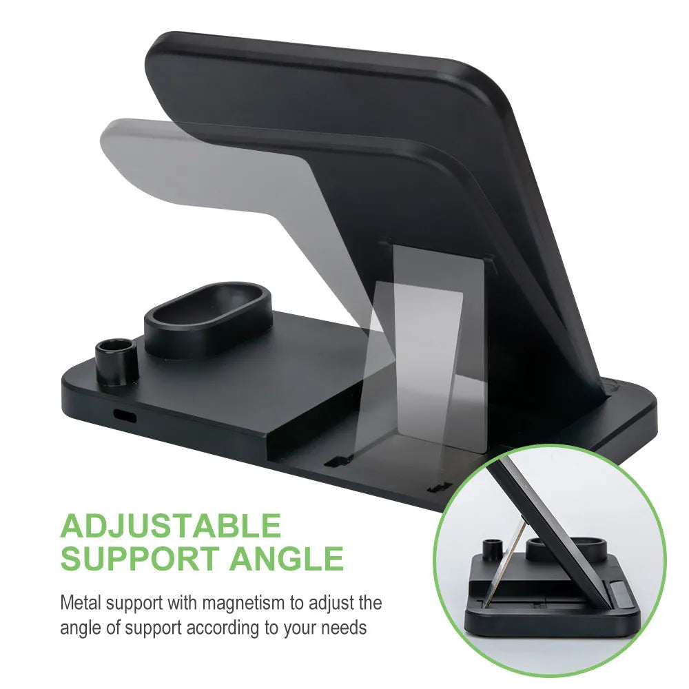 Folding 4-in-1 wireless charger in black showing vertical iPhone charging station mode with MagSafe attachment