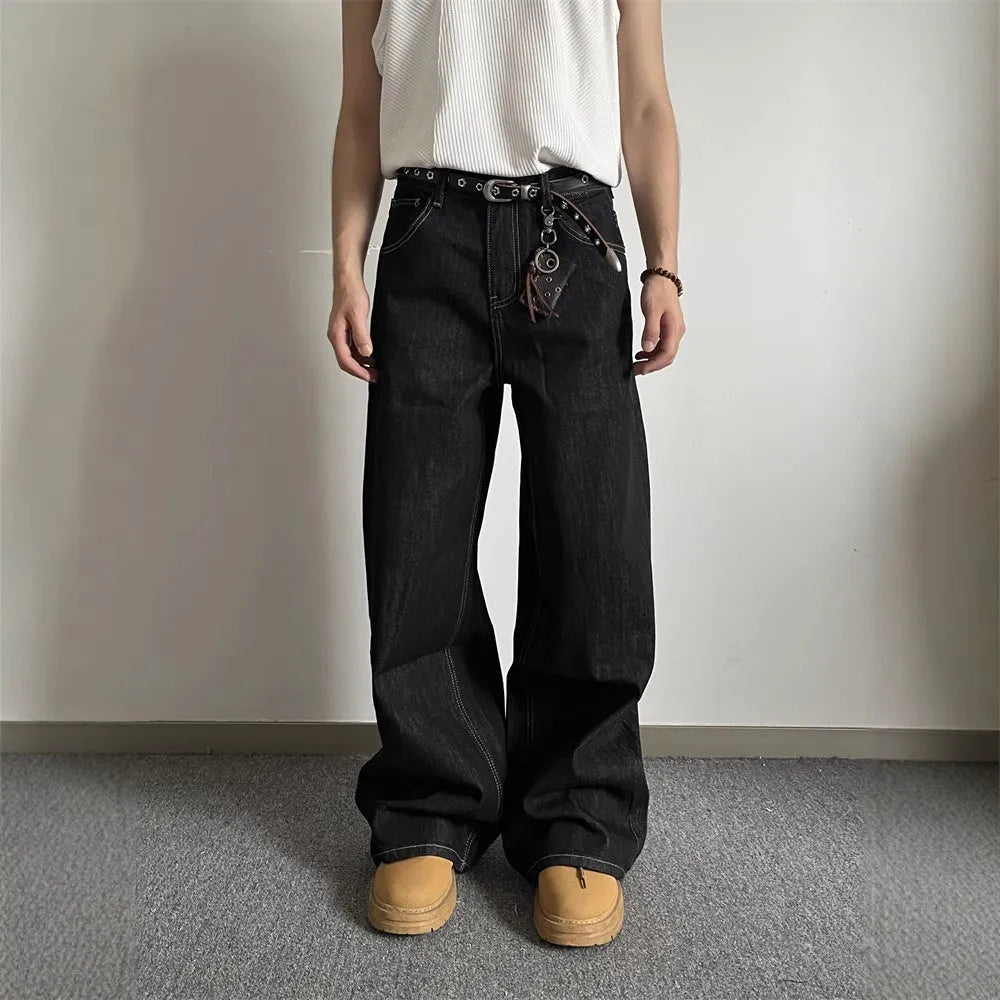 Black retro loose wide-leg jeans with straight-leg cut and mid waist