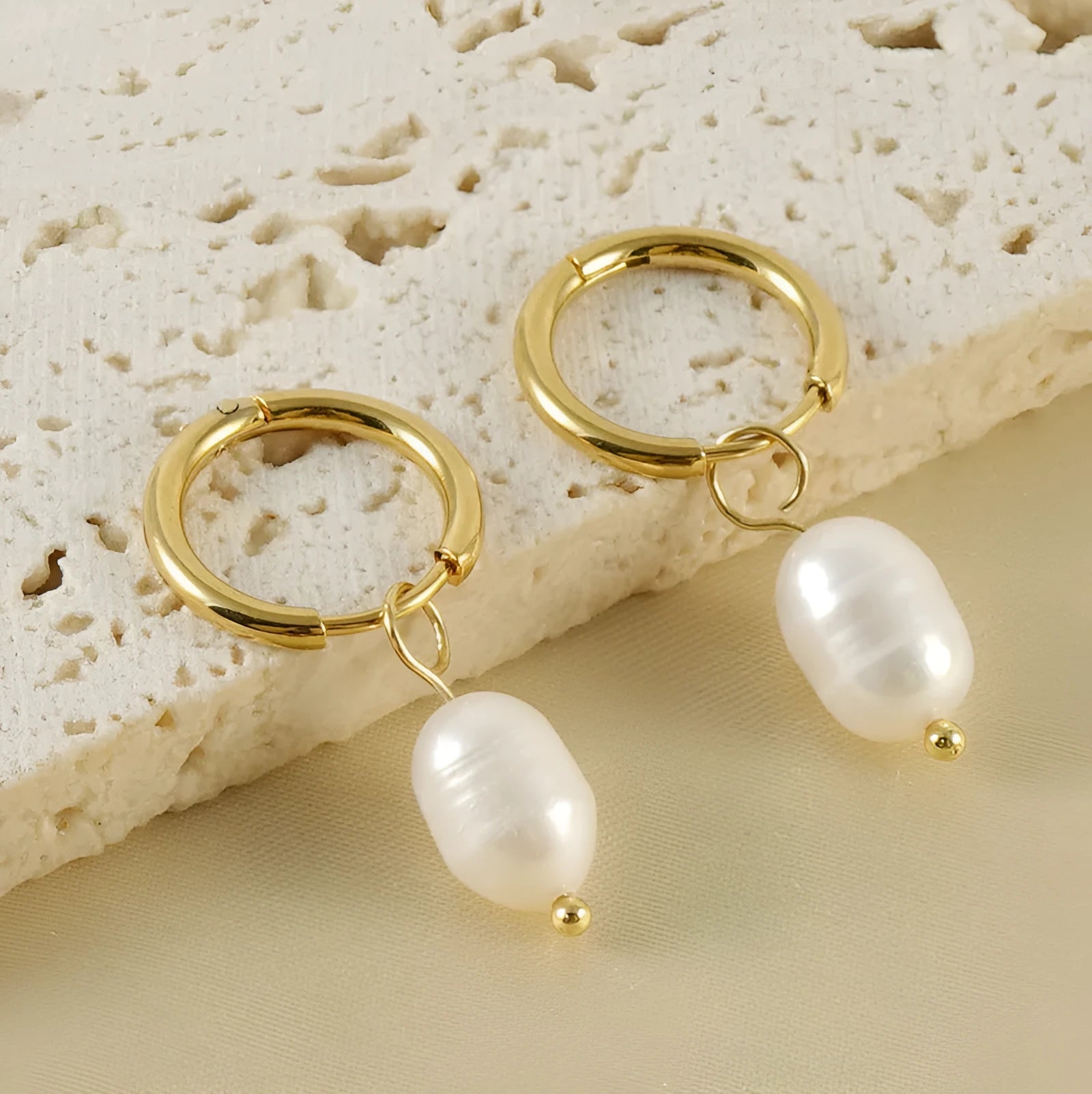 Gold geometric stainless steel earrings with freshwater pearls and titanium posts for women