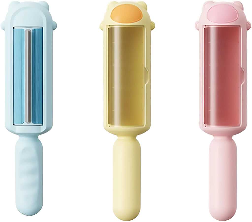 Blue reusable pet hair remover tool with self-cleaning base on a fabric sofa.