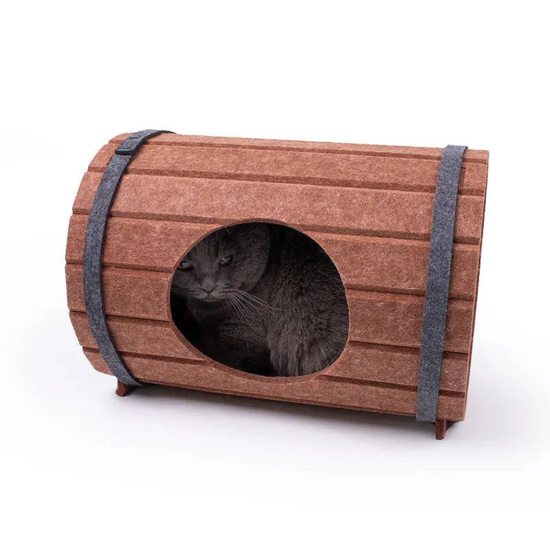 Assembled wine barrel pet bed made from three polyester fibre felt pieces for cats