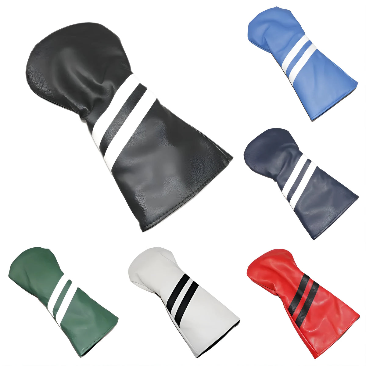 PU golf club head cover with two diagonal stripes shown in multiple colour options
