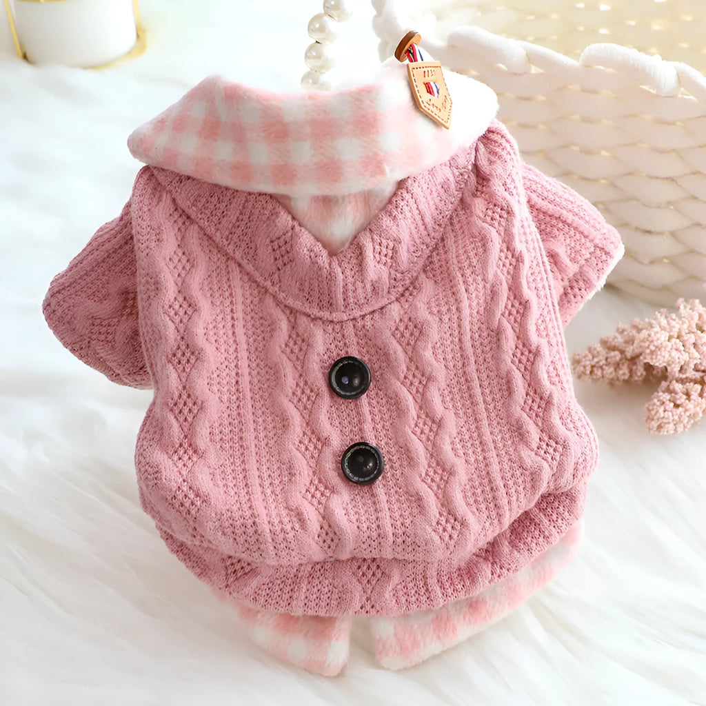 Blue and pink wool plaid dog sweater with two-piece fleece-lined design for pet warmth