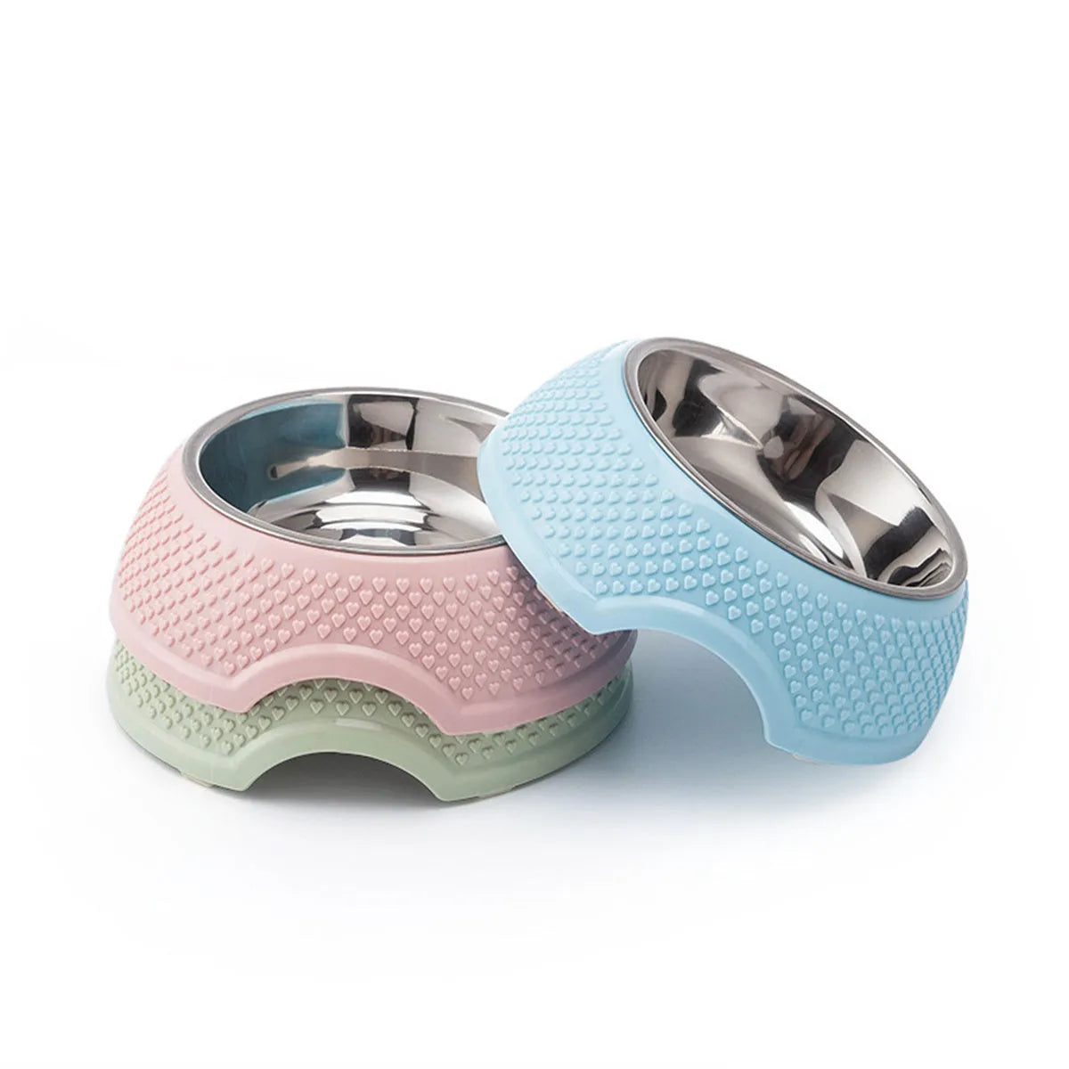 Stainless steel pet bowl with coloured non-slip base for cats and dogs