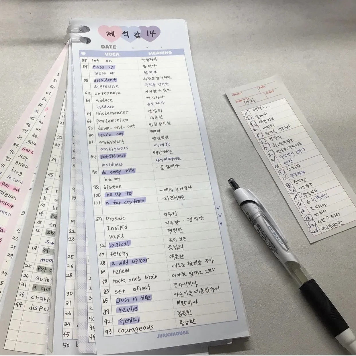 English words notepad with double-sided printing, half B5 size 9.1x25.7cm with pink cover