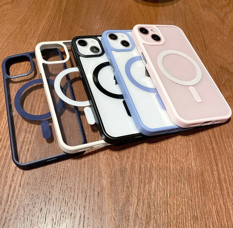 Clear acrylic MagSafe phone case for iPhone with magnetic ring visible through transparent back