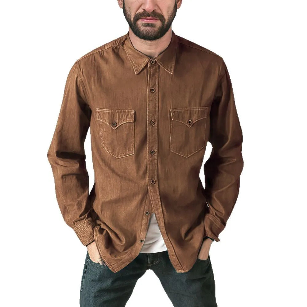Men's regular fit cotton denim cardigan coat on a hanger.