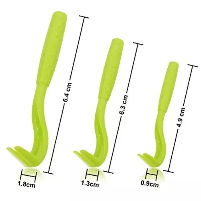 Three plastic pet tick removal hooks in blue or green colours for dog and cat grooming