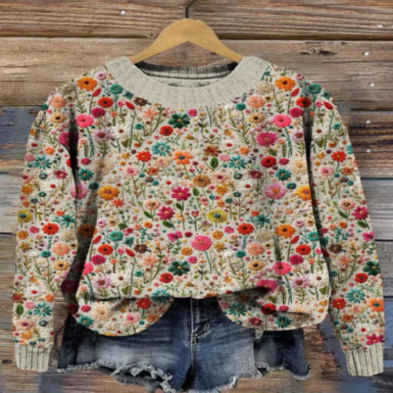 Women's round neck floral print sweater in purple, sizes S to 4XL