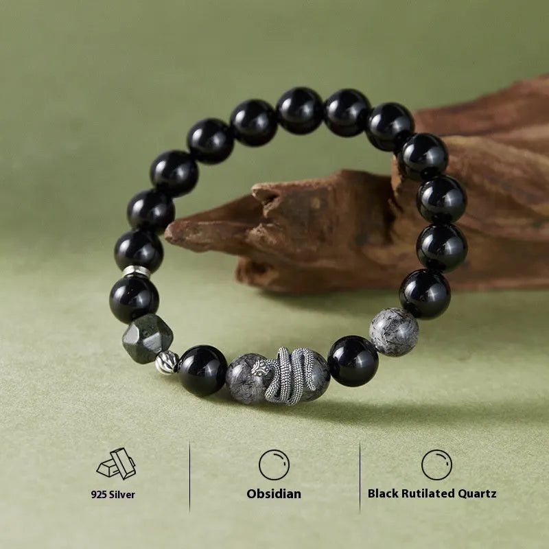 Men's black S925 sterling silver bracelet with 10mm obsidian crystal and detailed snake zodiac design