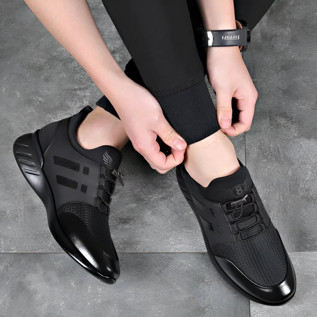 Black men's casual height increasing shoes with a chunky heel and round toe, shown in leather, mesh, and Lycra material options.