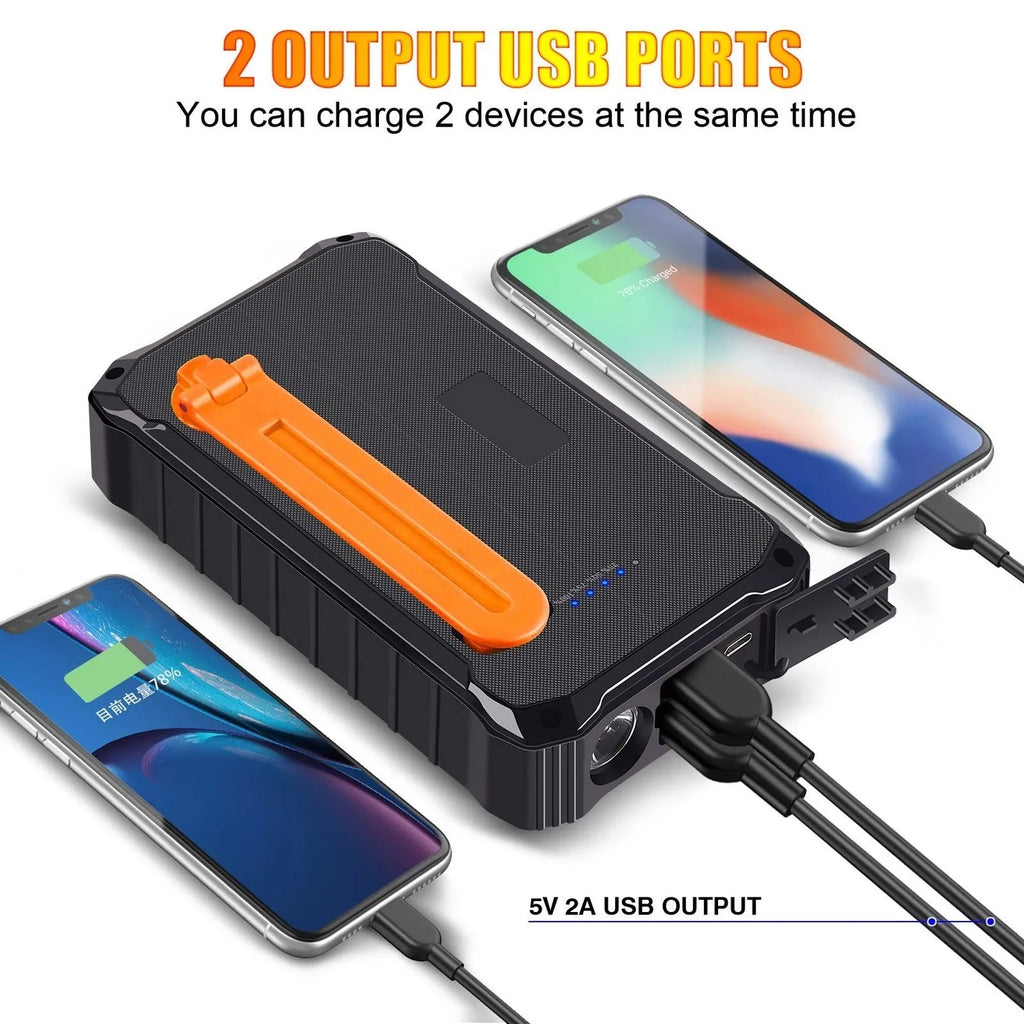 Orange and green hand-crank solar power bank with LED torch and dual USB ports showing 12000mAh capacity