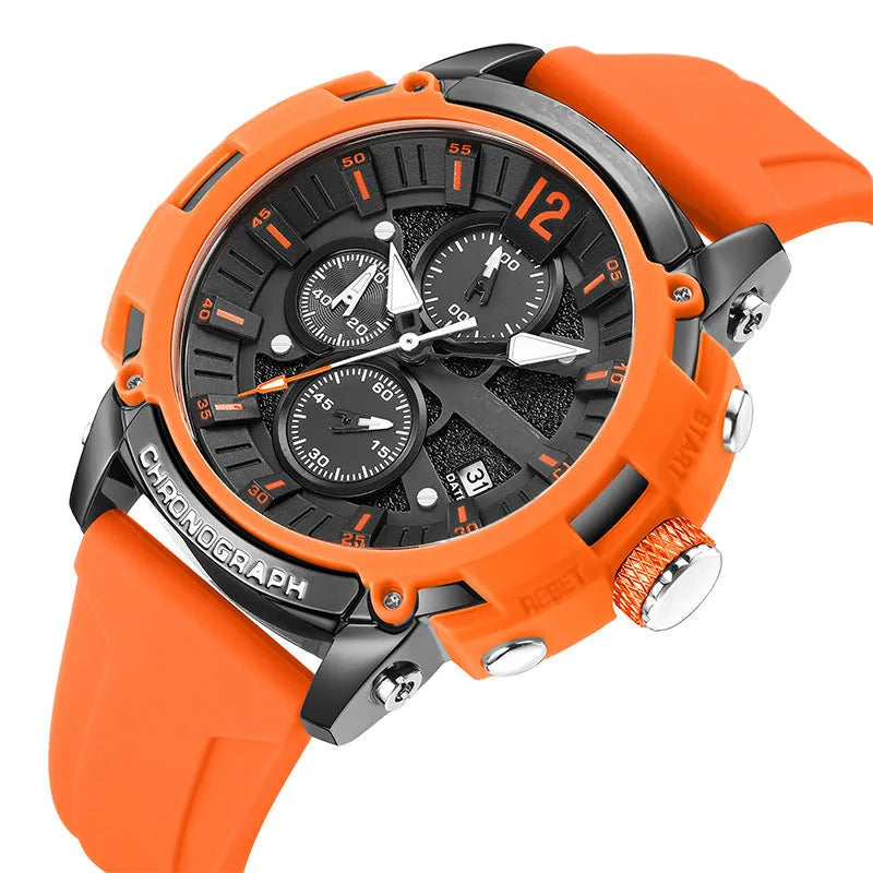 Men's black waterproof watch with luminous hands and calendar display showing 51mm case
