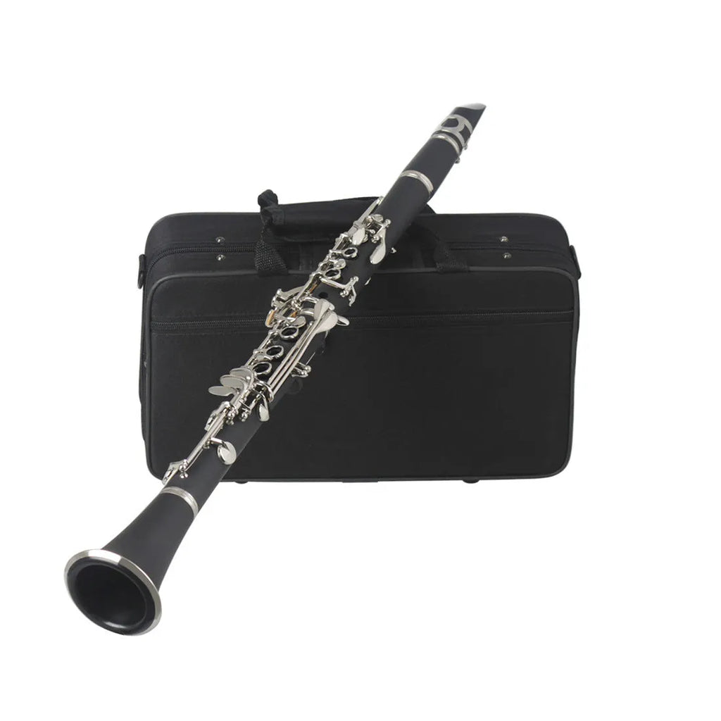 Black clarinet with 17 nickel-plated keys and protective carrying bag