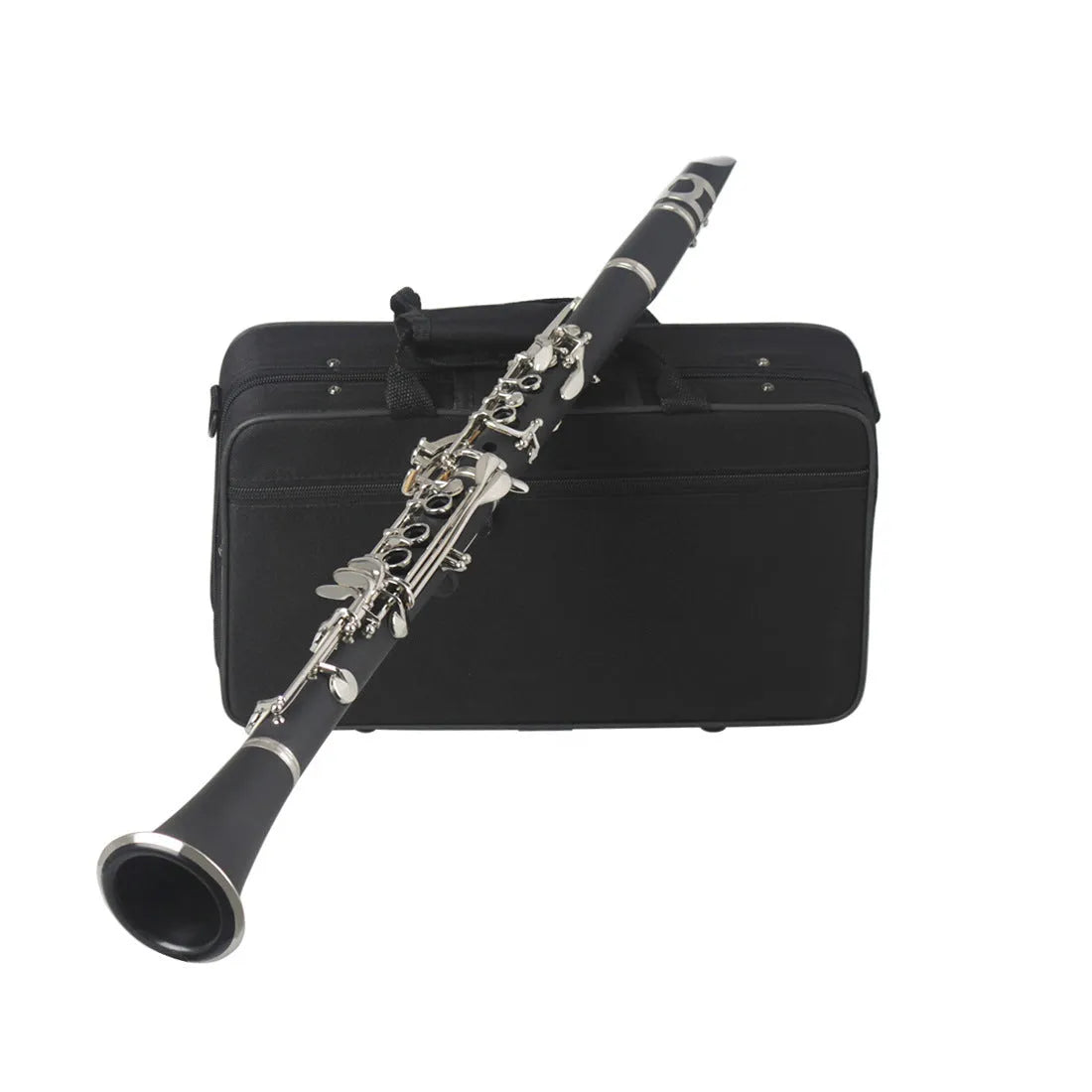 Black clarinet with 17 nickel-plated keys and protective carrying bag