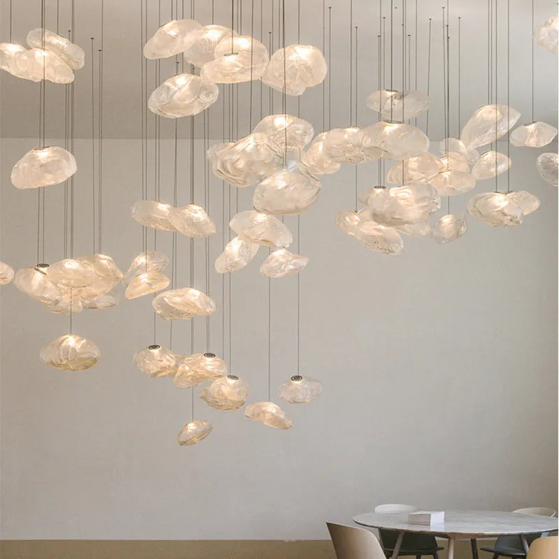 Modern glass chandelier with fabric accents in clear, amber or smoke grey colour options