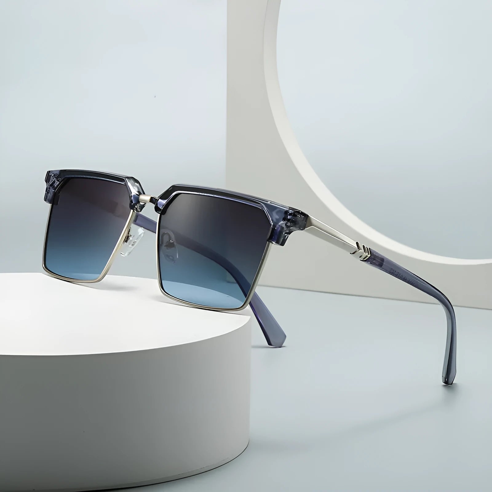 Men's square plastic sunglasses with box-style frames showing six colour variations