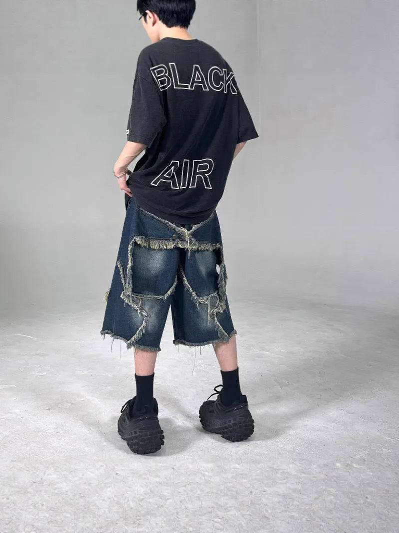 Blue men's denim shorts with frayed five-pointed star design and loose-fit summer styling