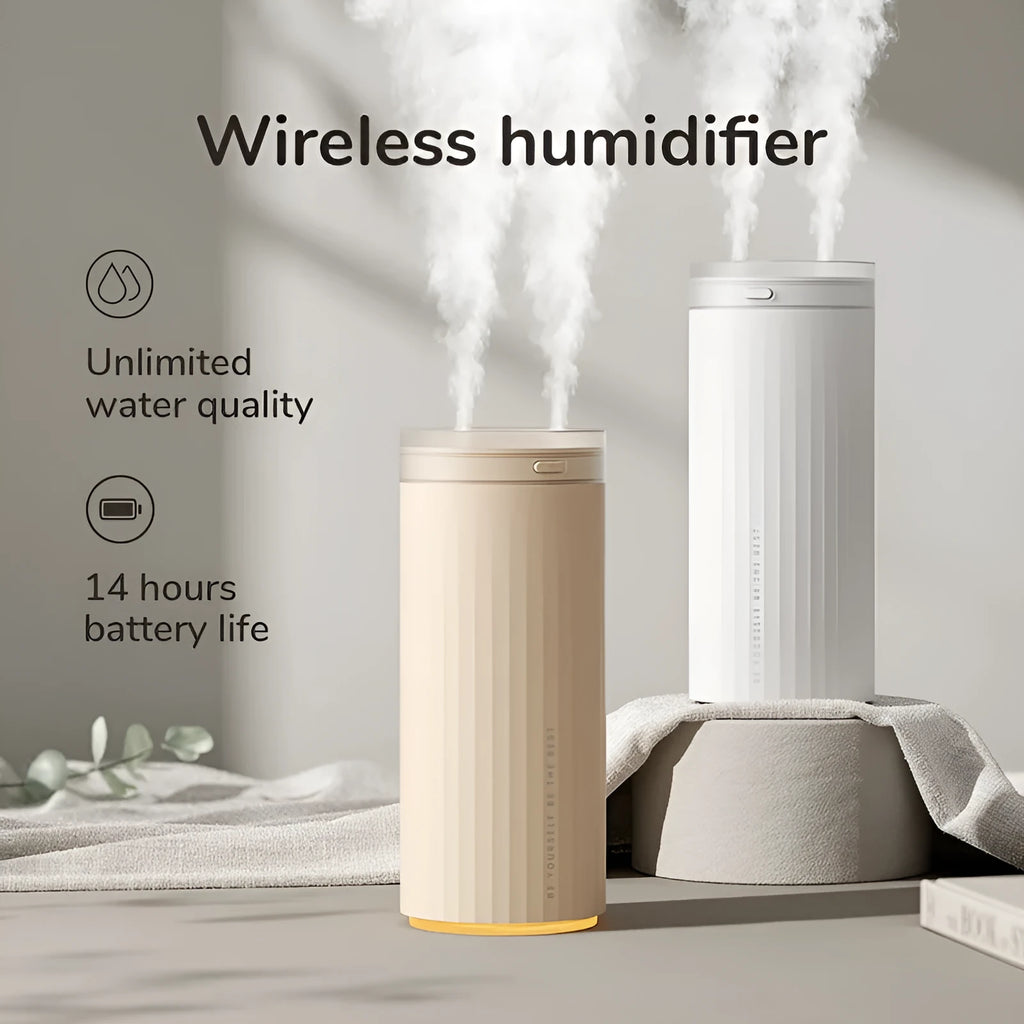 500ml small humidifier with night light in Earth Brown, Coral Pink, or White, USB and car powered for desk or vehicle use.
