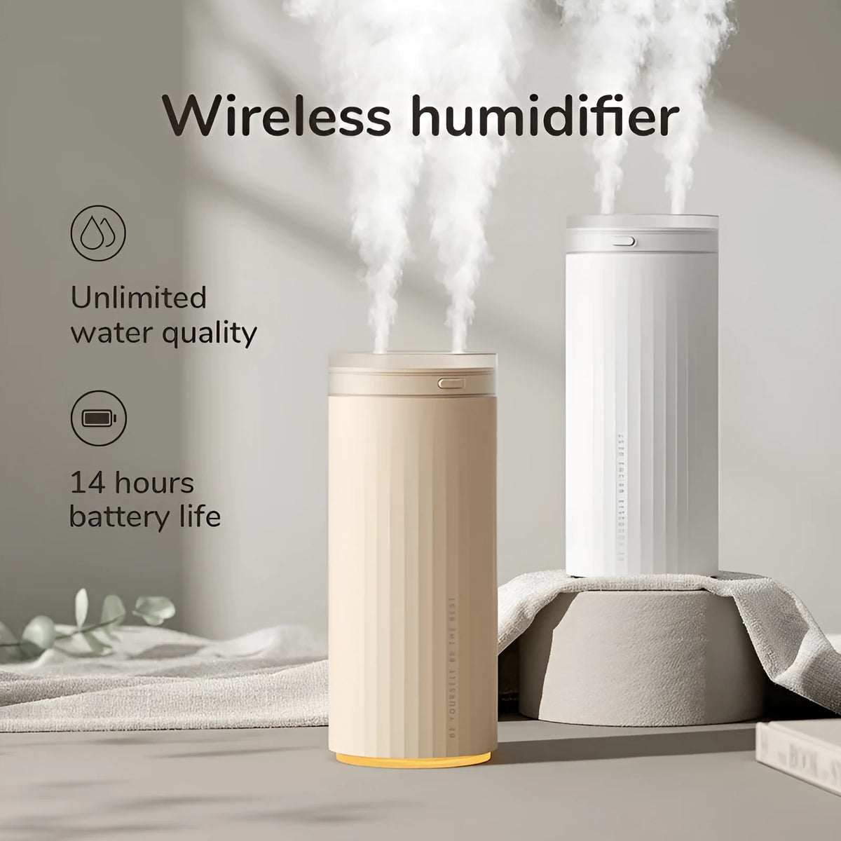 500ml small humidifier with night light in Earth Brown, Coral Pink, or White, USB and car powered for desk or vehicle use.
