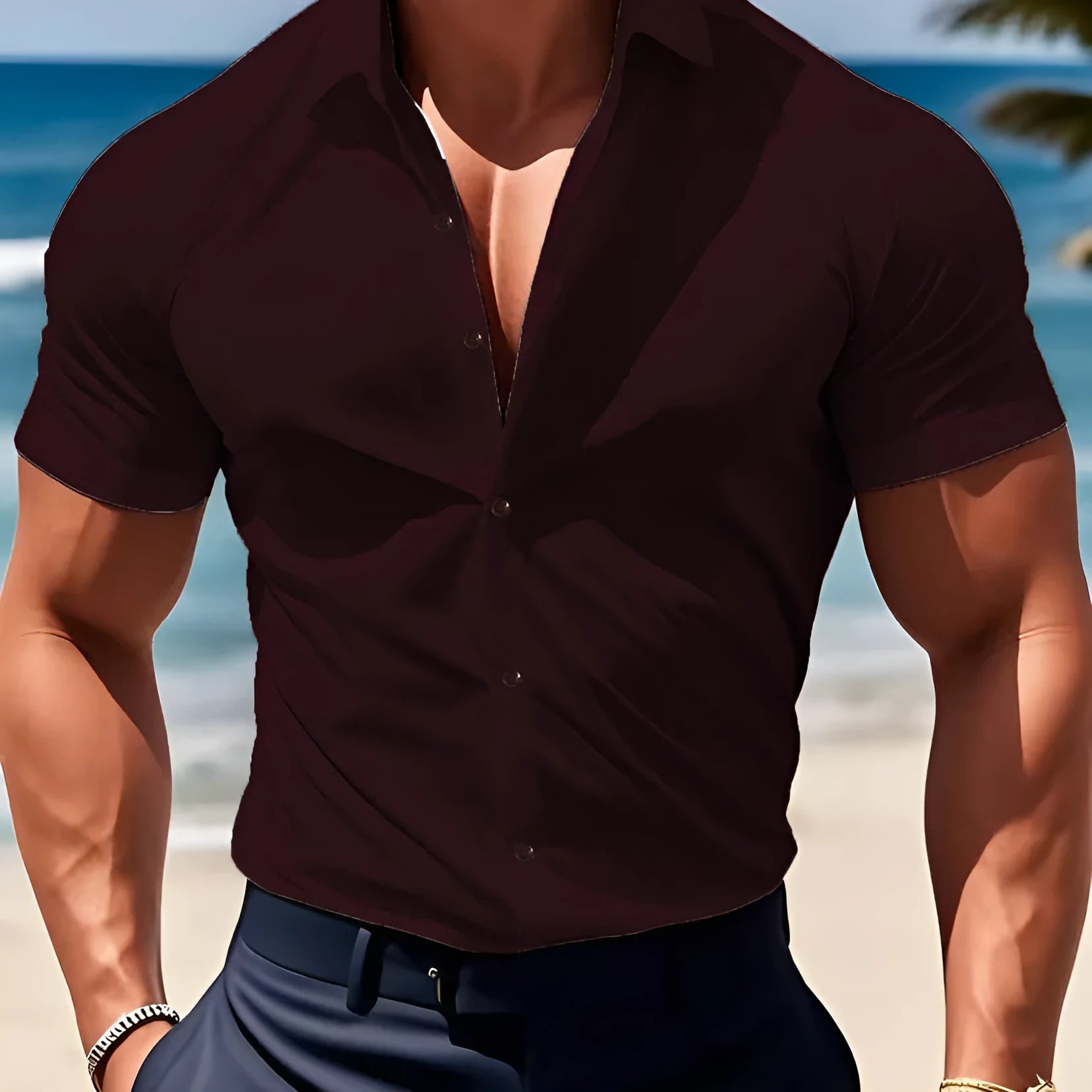 Men's short sleeve printed casual shirt with collar in cardigan style, shown in a dark blue colour.