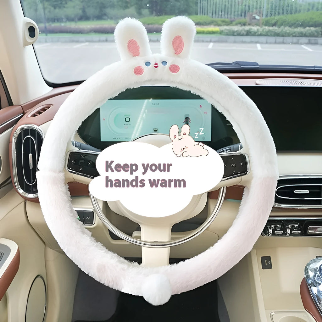 Plush cartoon thermal steering wheel cover for 38cm diameter wheels with embroidered animal design