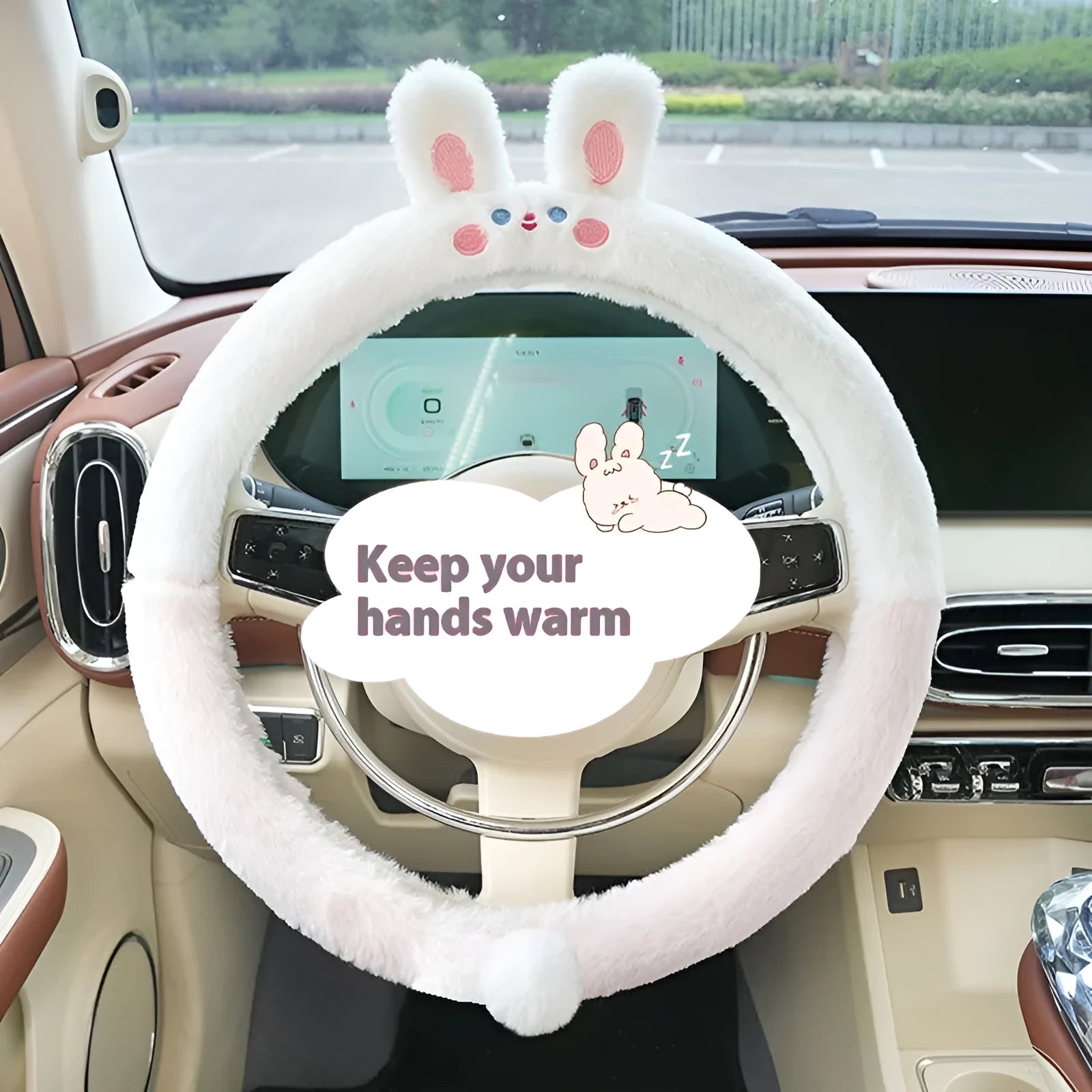 Plush cartoon thermal steering wheel cover for 38cm diameter wheels with embroidered animal design
