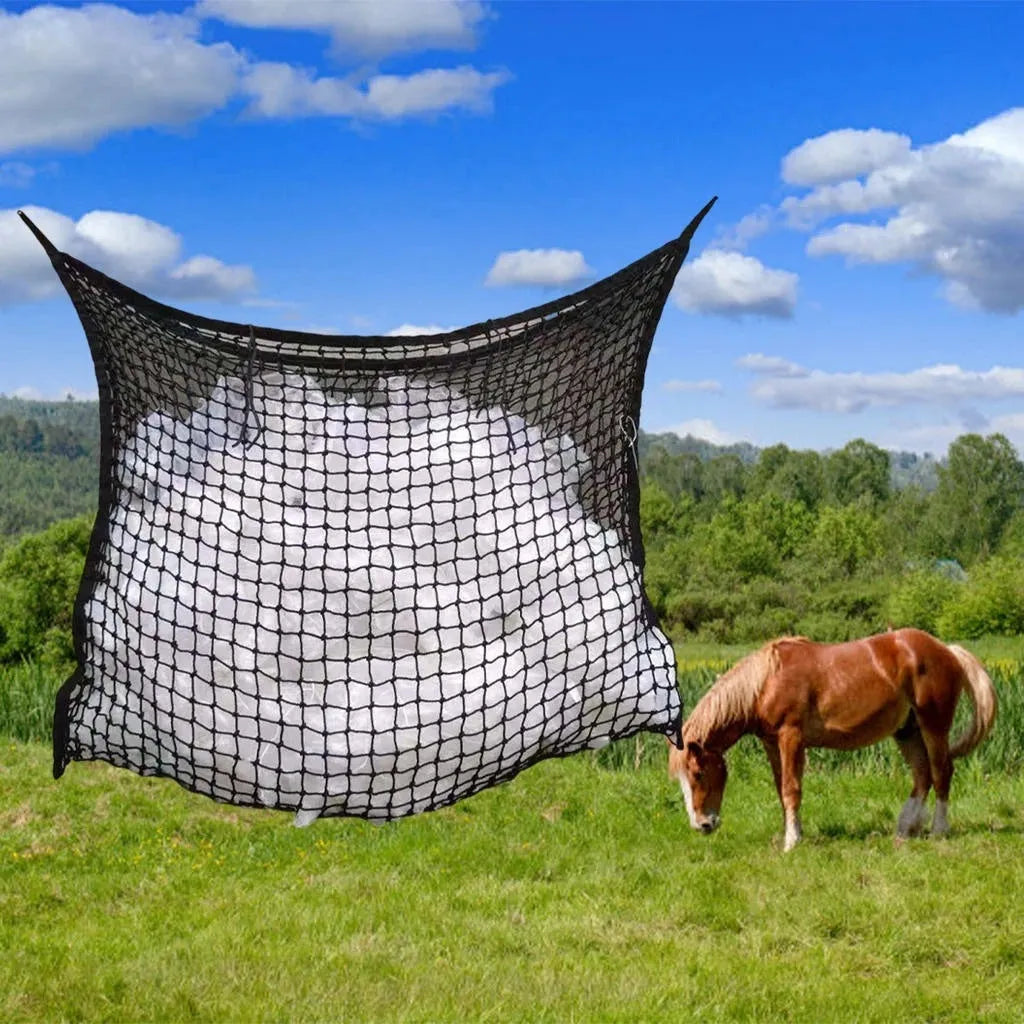 Woven grid horse feeding bag made from PE rope in black colour showing hanging design
