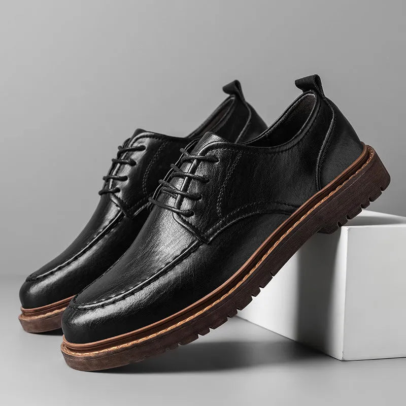 Men's black and brown leather casual shoes with round toe and flat rubber soles