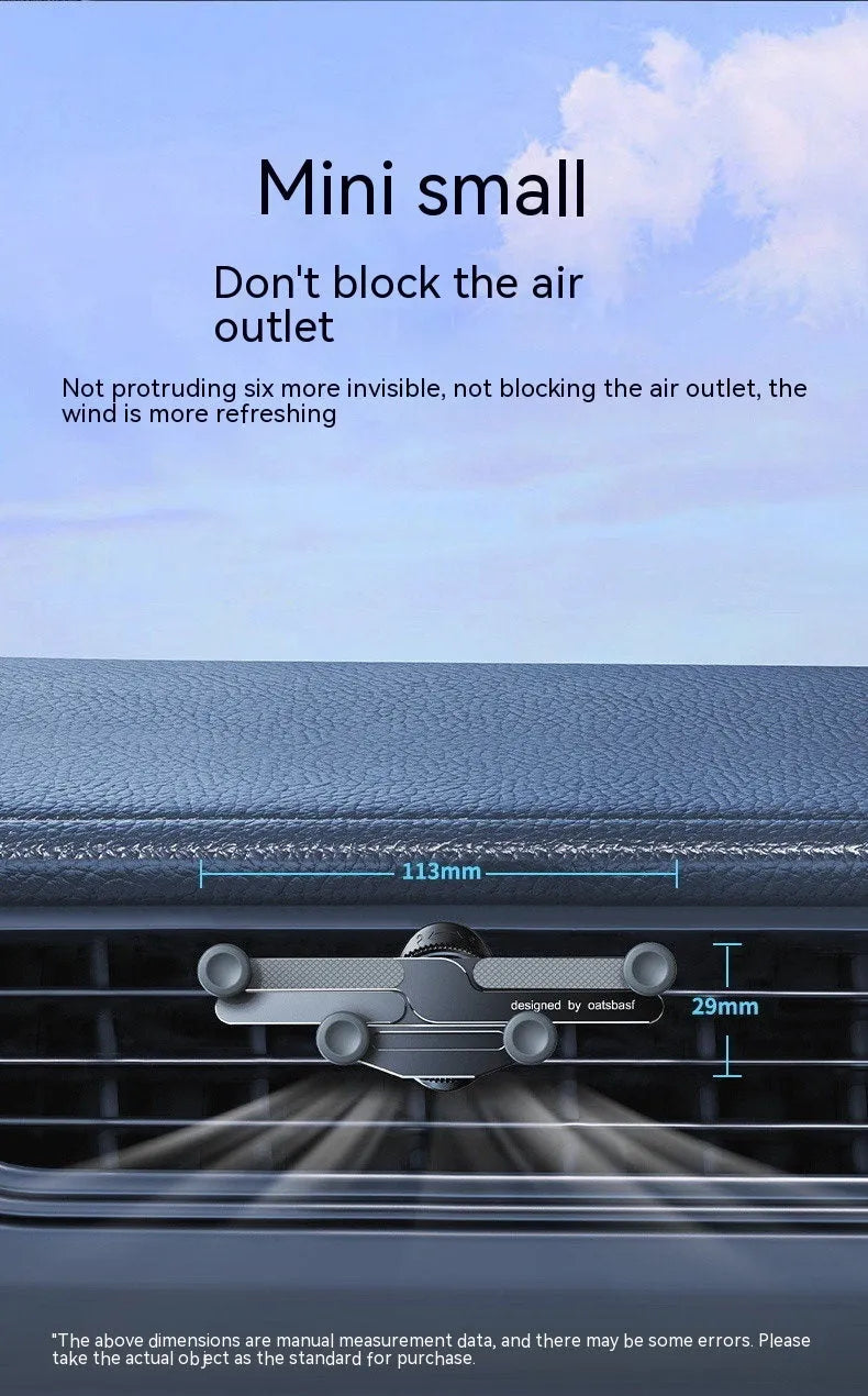 Silver invisible alloy car phone holder mounted on vehicle air outlet with mobile phone in position