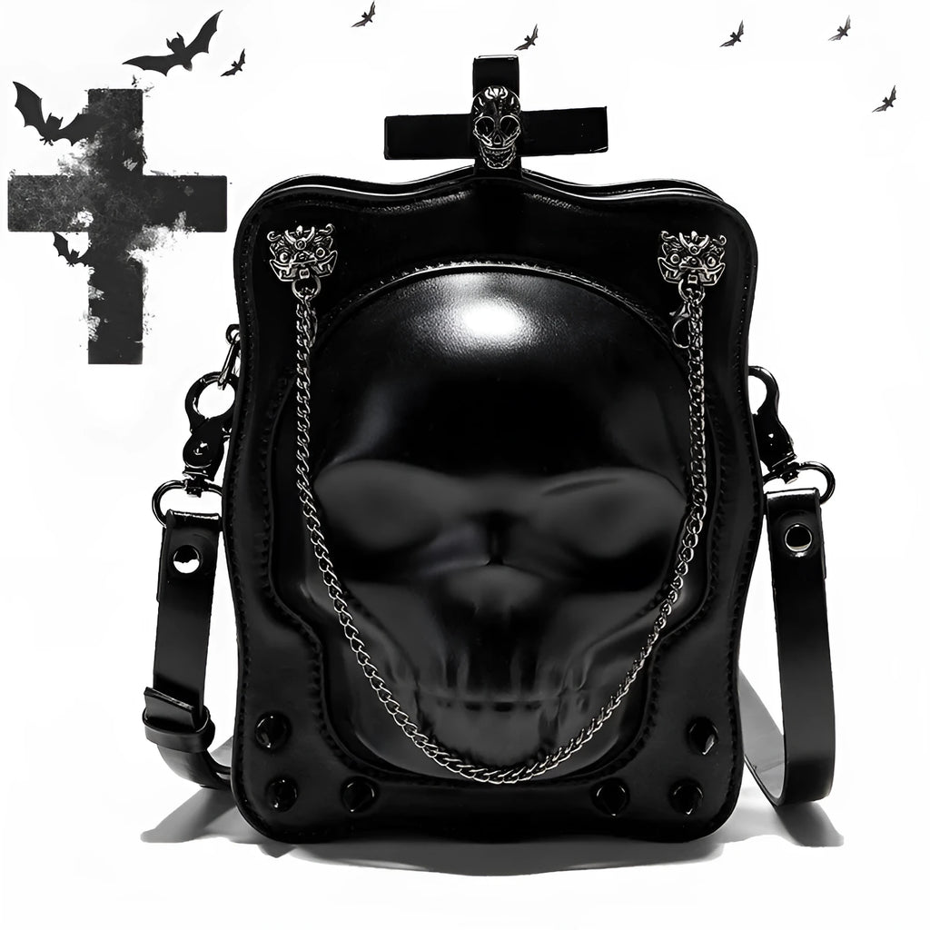 Black gothic skull shoulder bag with square messenger shape and decorative metal details