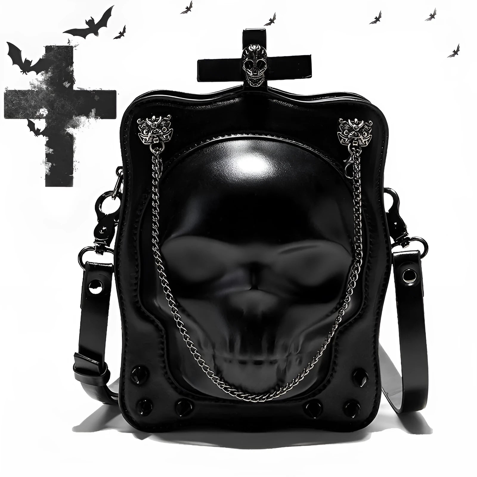Black gothic skull shoulder bag with square messenger shape and decorative metal details