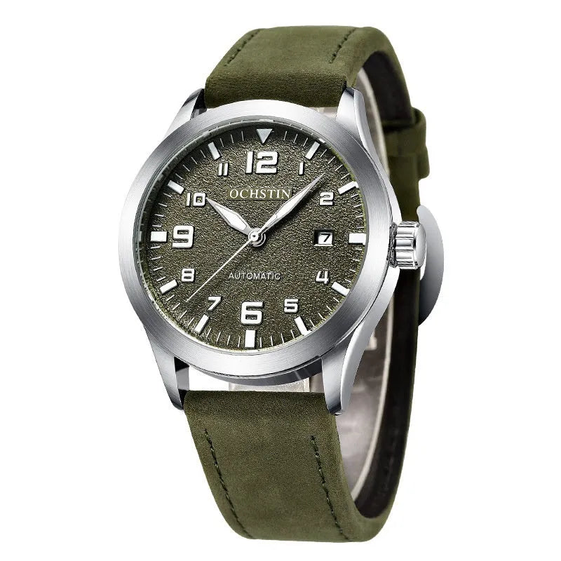 Men's retro automatic mechanical watch with black case and leather strap showing dial detail
