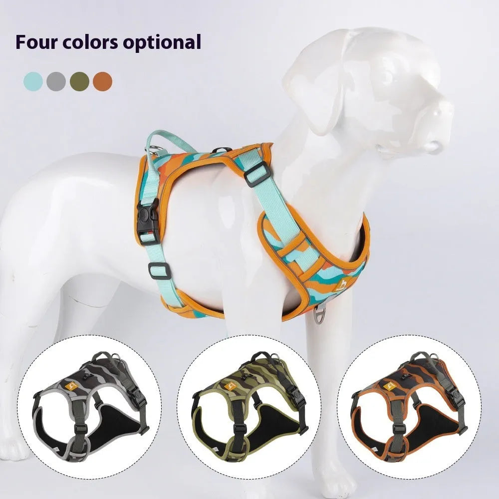 Orange reflective dog walking lead with chest and back straps made from Oxford cloth.