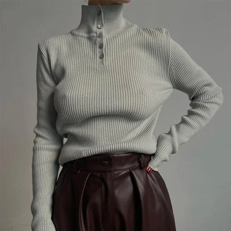 Women's silver grey retro half turtleneck pullover sweater with a single-breasted placket in a slim fit.