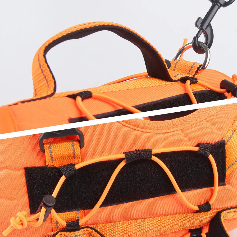 Orange reflective dog harness with an integrated black hand holding rope leash and explosion-proof breast strap.