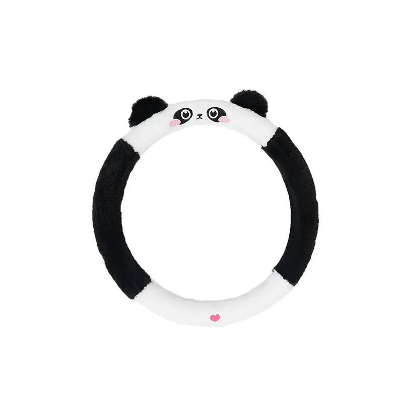 Plush cartoon thermal steering wheel cover for 38cm diameter wheels with embroidered animal design