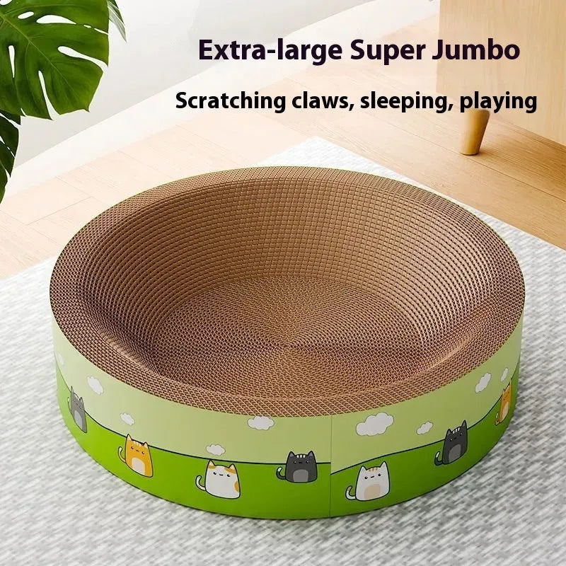 Large round corrugated paper cat scratch board with deepening pit design, shown in 45cm and 50cm sizes.