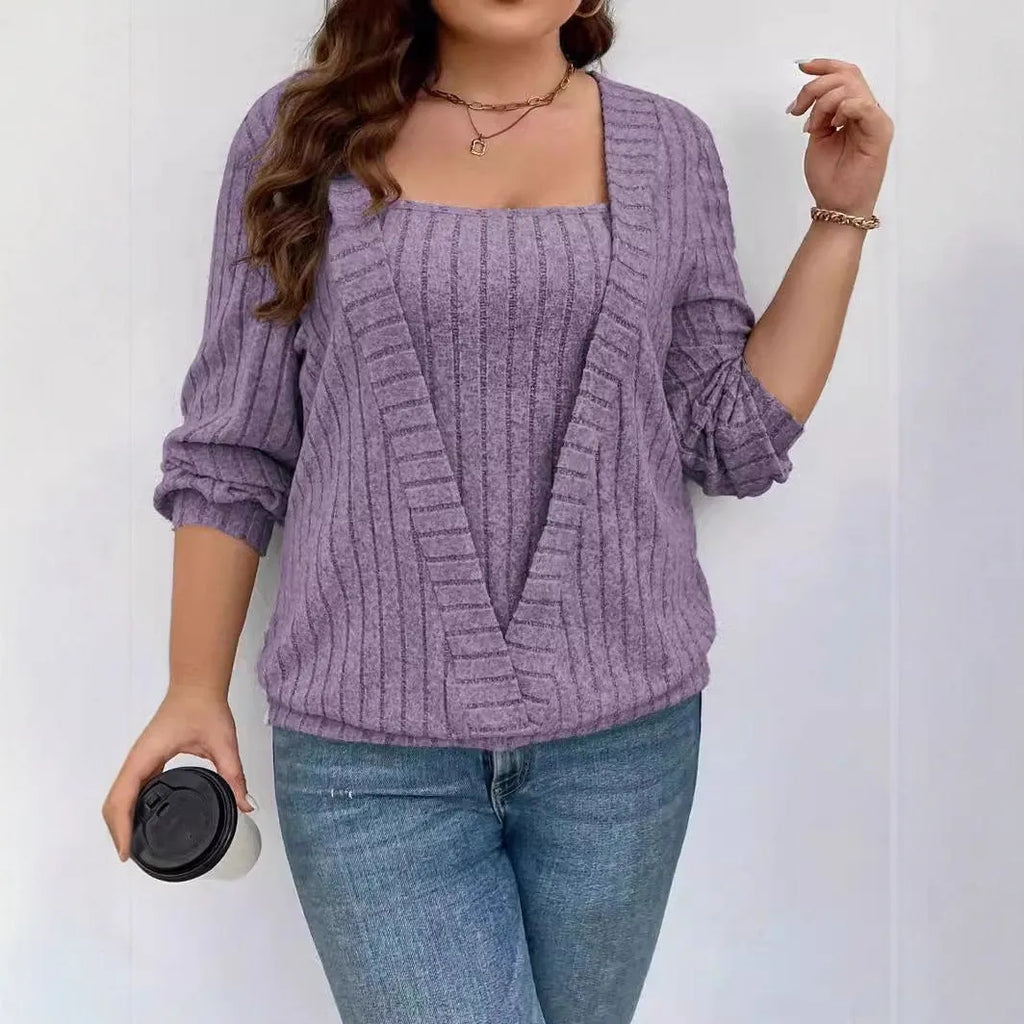 Women's solid colour V-neck long sleeve false two-piece suit in loose rib fabric fit.