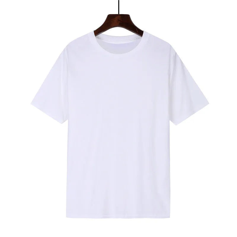 Men's loose fit black cotton t-shirt with short sleeves and a printed design on a hanger.