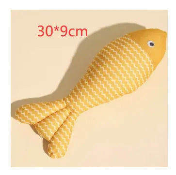 Red, yellow, and blue catnip-filled fish toys in large and medium sizes on a white background.