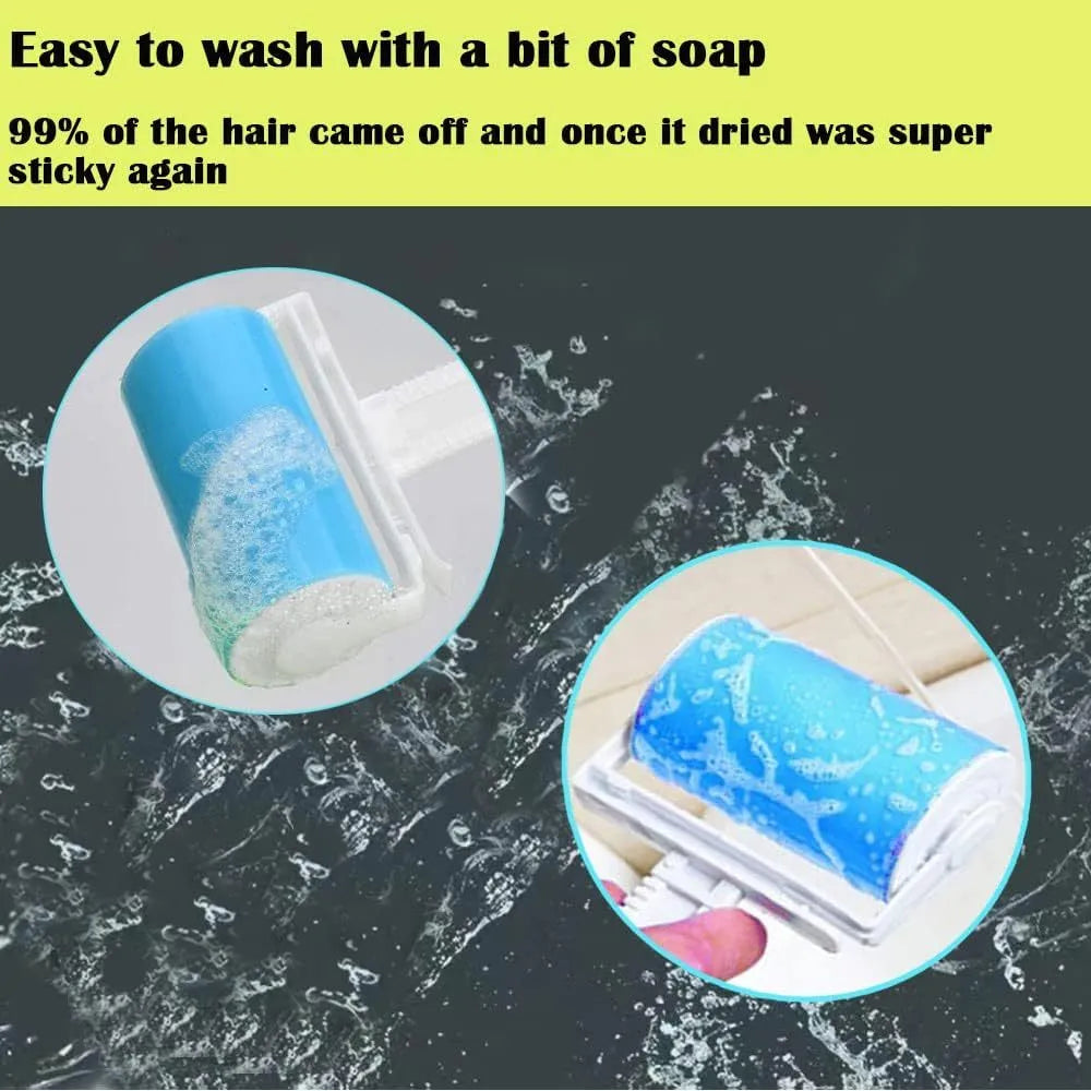 Blue reusable washable sticky lint roller with protective cover for removing pet hair.