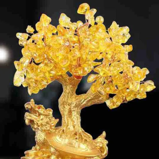 Citrine resin Feng Shui money tree ornament with water turtle design measuring 18cm tall