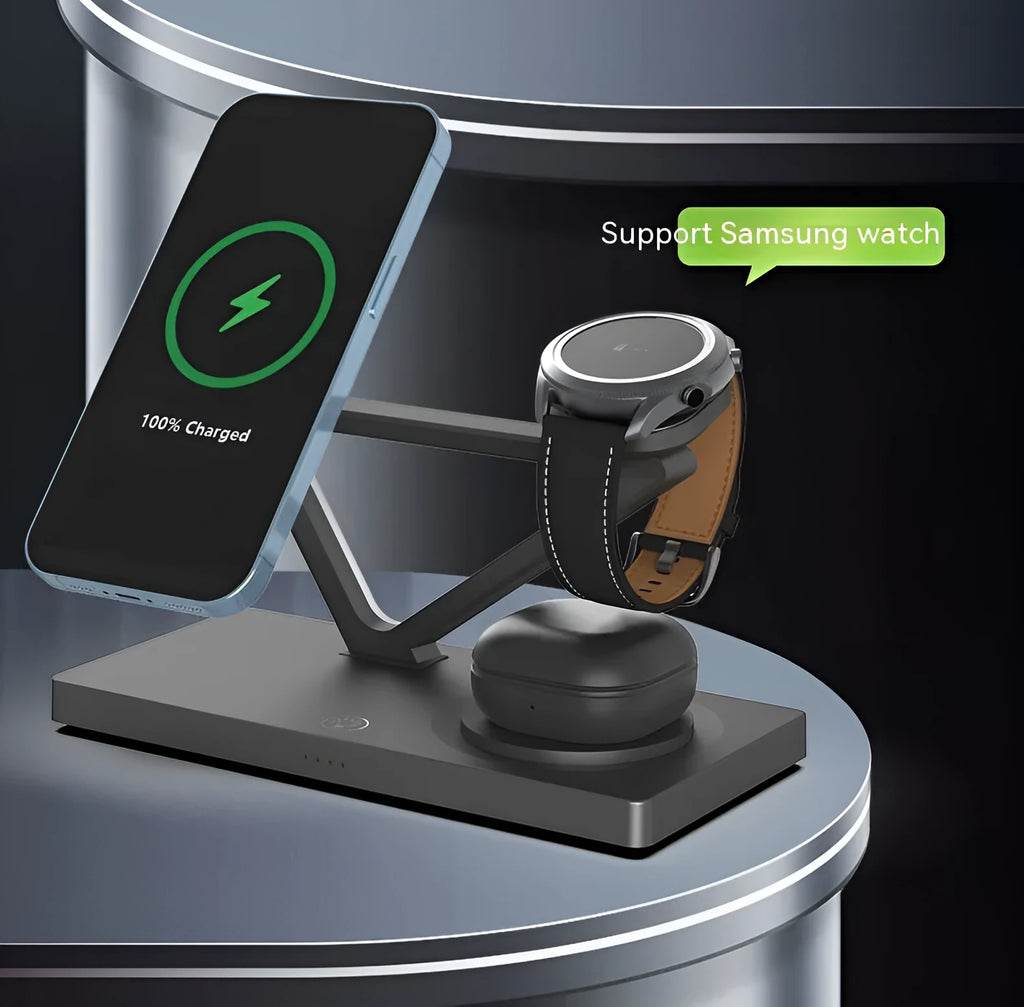 Black and white five-in-one wireless charging station with magnetic bracket, circular base, and watch charging position