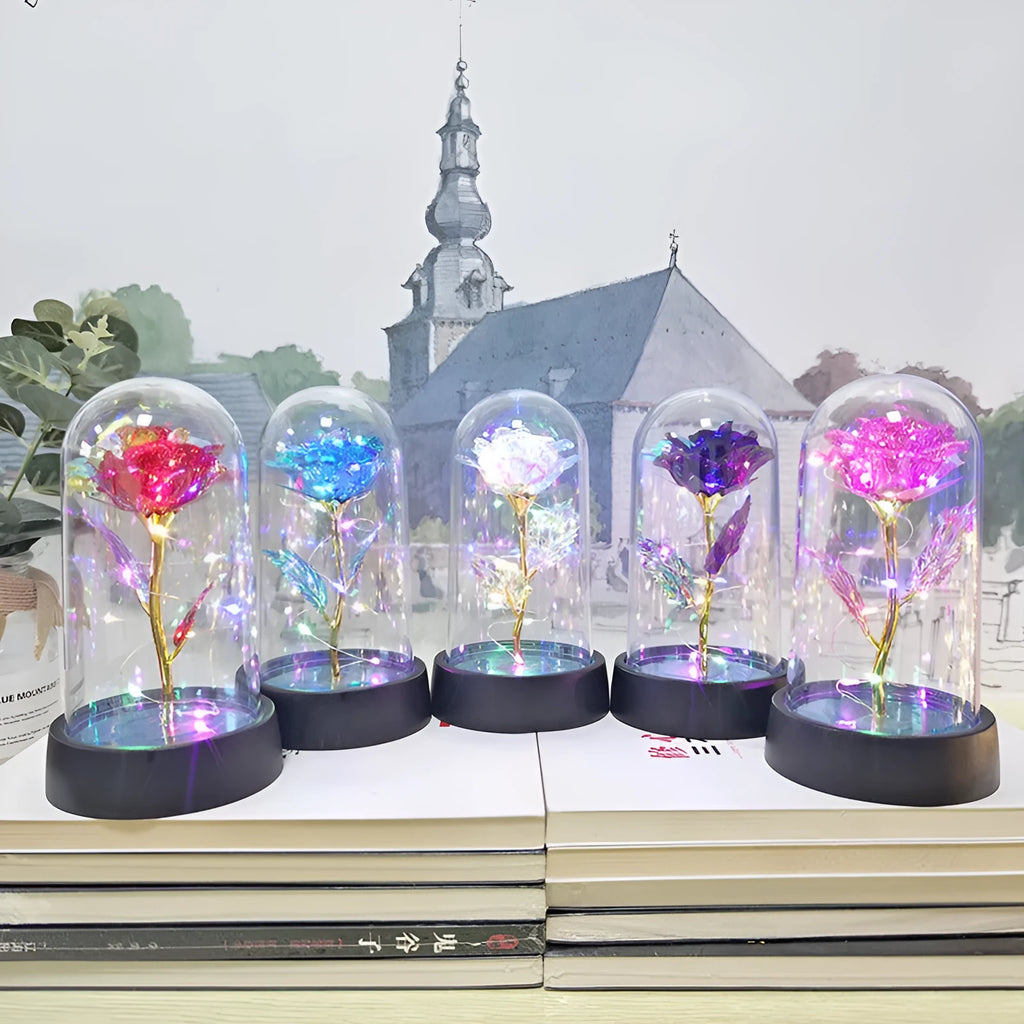 Small plastic night lamp with glass cover showing coloured flowers inside on black base