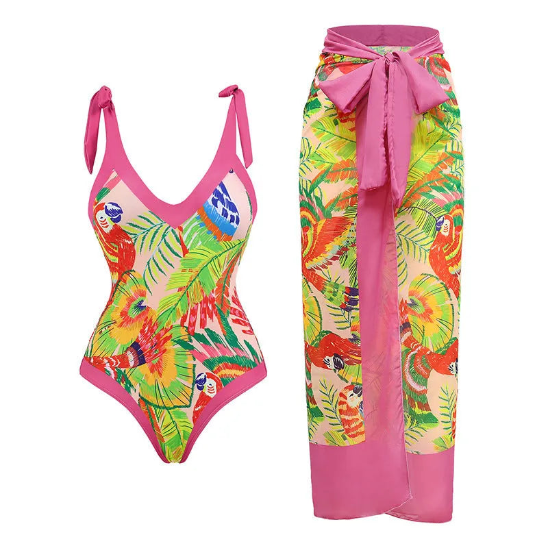 Women's pink floral print retro swimsuit with V-neck and matching skirt
